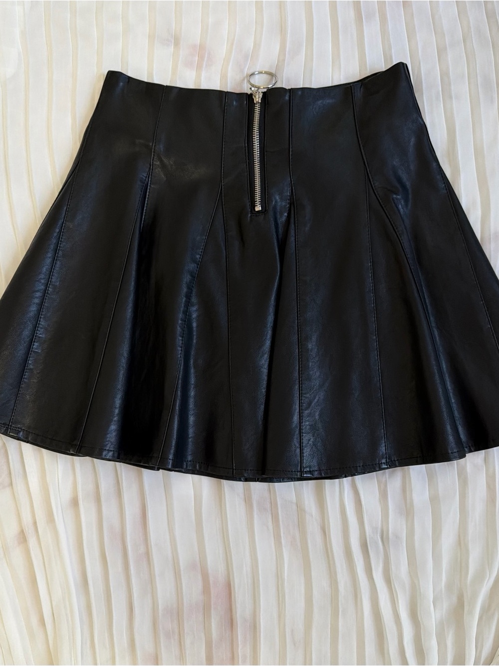 Black Faux Leather A-Line Mini Skirt with Front Zip